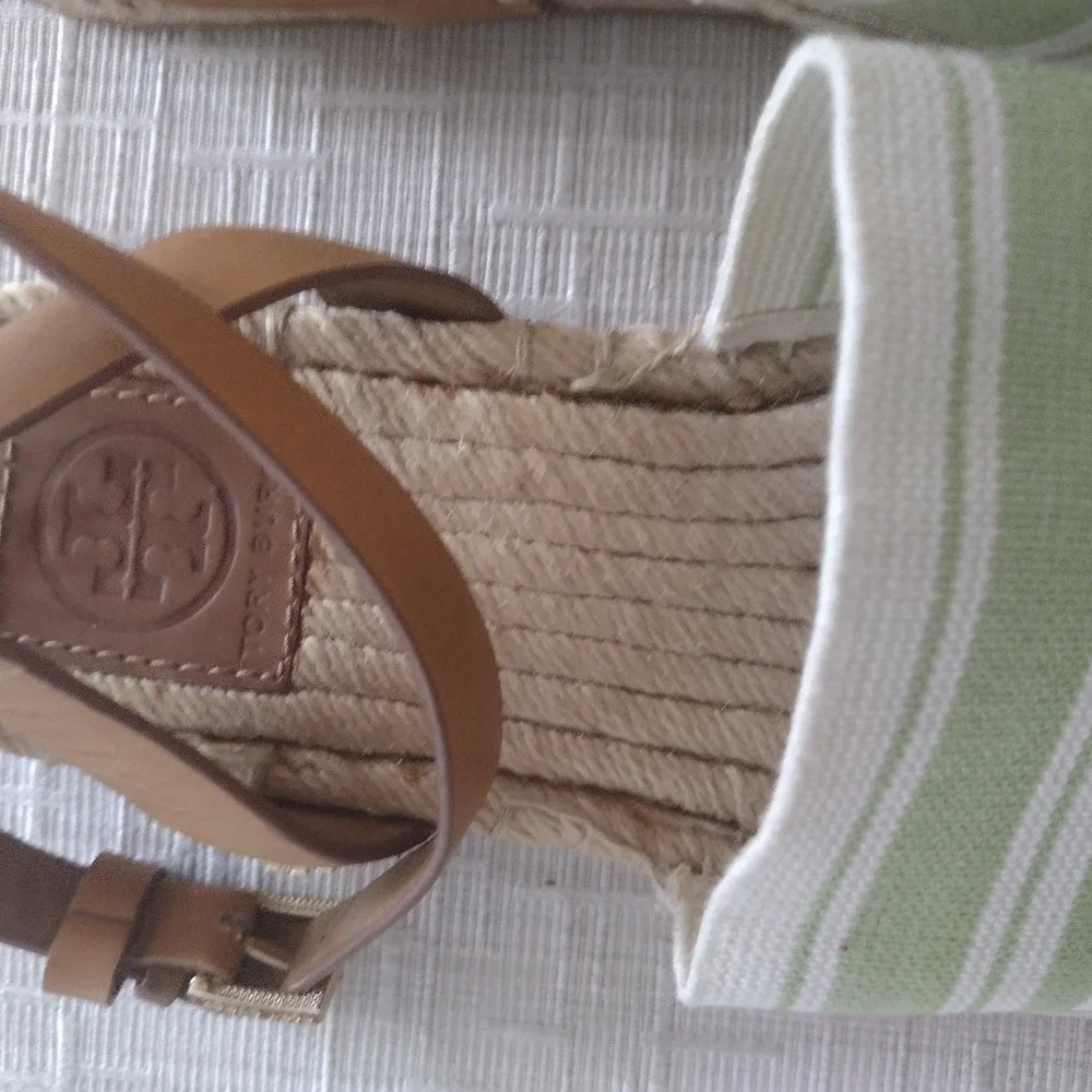 Tory Burch Logo Espadrille Sandals Shoes Womens Sz 8.5 Brown Green Beige Strappy